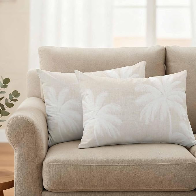Lumbar Pillow Covers 20x12 Inch Set of 2, Cream Palm Trees Waterproof Outdoor Pillow Covers, Farmhouse Tropical Summer Beach Decorative Cushion Pillowcases for Couch, Sofa, Bed, Garden, Patio