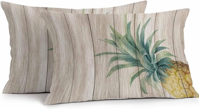 Vandarllin Outdoor Throw Pillows Covers 20x12 inch Set of 2 Waterproof Pineapple Decorative Zippered Cushion Covers for Patio Furniture, Summer Tropical Fruit Wood Lumbar Pillowcases
