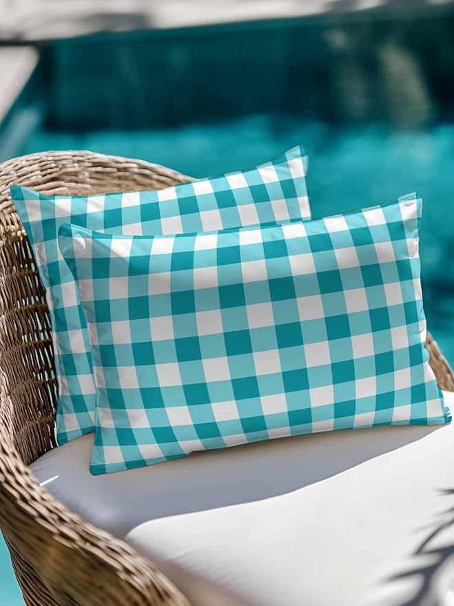 Waterproof Outdoor Pillow 1 Pack Turquoise Buffalo Plaid Decorative Throw Pillows Cover & Insert 20x12 Inch Lumbar Pillowcase Check Lines Pillows for Couch Sofa Bed Patio Furniture Indoor Outdoor
