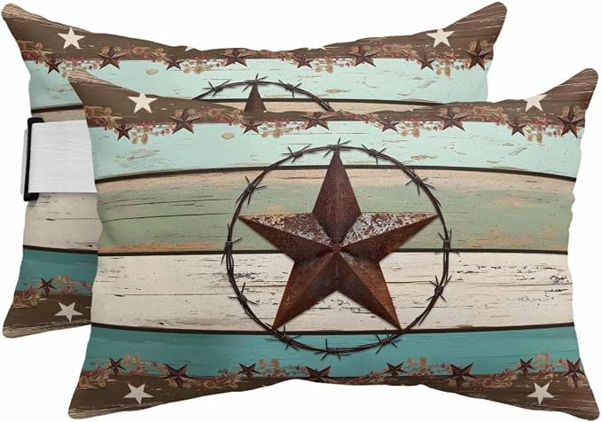 Brown Texas Star Teal Outdoor Lumbar Pillow Covers 12"x20" Set of 4, Decorative Throw Pillow Covers for Patio, Vintage Country Star Turquoise Wooden Waterproof Cushion Case for Pool Beach Chair