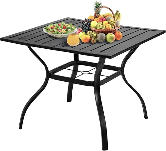 VINGLI 36" Square Patio Table for 4, Metal Outdoor Dining Table with Umbrella Hole, All-Weather Steel Patio Dining Table Outdoor Table for Lawn, Garden, Backyard, Black