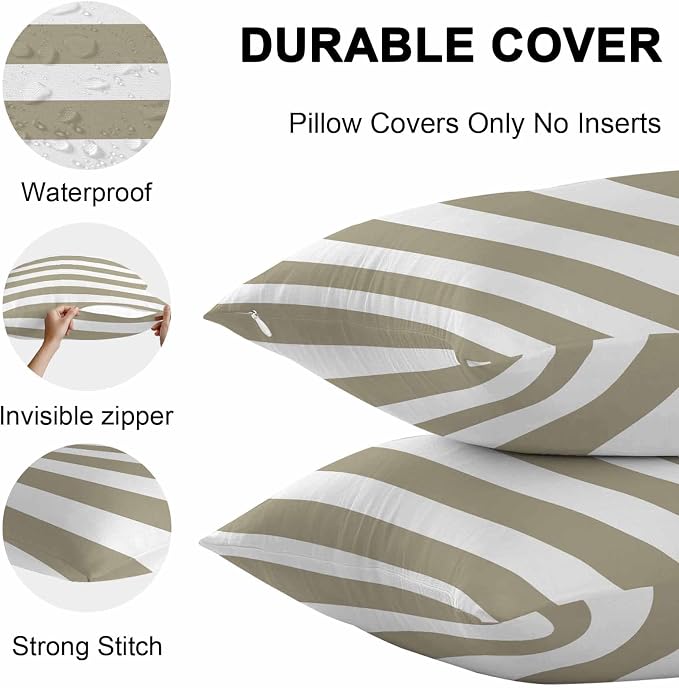 Outdoor Waterproof Throw Pillow Covers Set of 2 Brown White Stripe Pillowcases 18x18 Inches Simple Style Striped Decorative Pillows Cushion Case Patio Pillows for Couch Bed Chair Garden