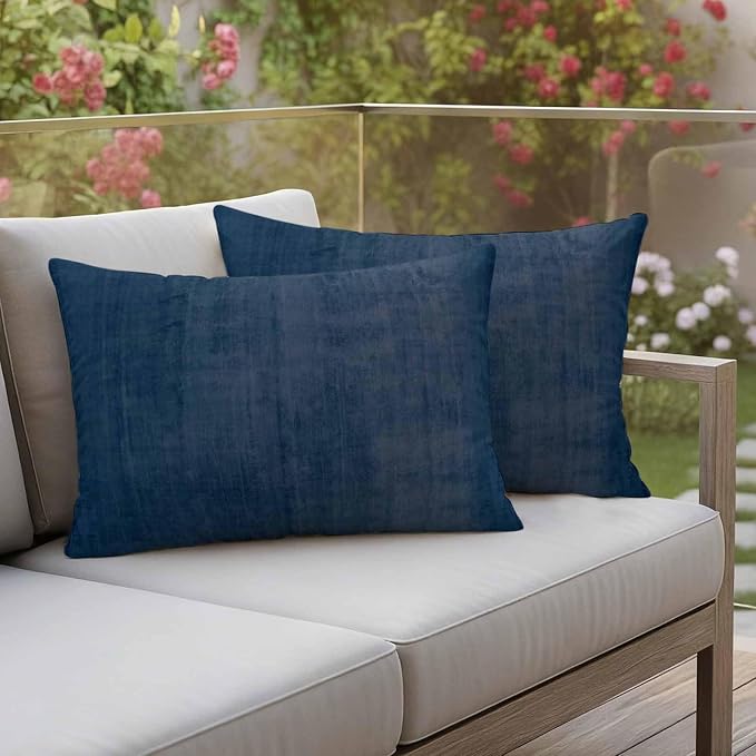 Vandarllin Outdoor Throw Pillows Covers 20x12 inch Set of 2 Waterproof Navy Blue Linen Decorative Zippered Cushion Covers for Patio Furniture, Solid Color Texture Lumbar Pillowcases