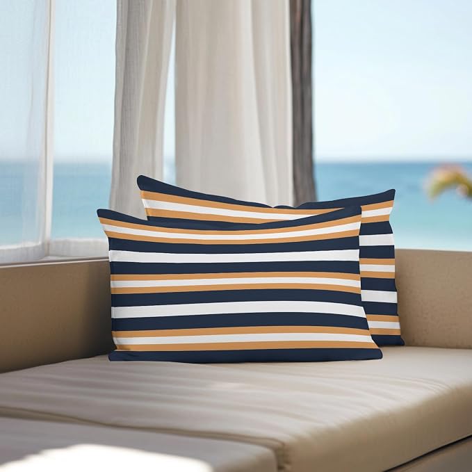 Orange Navy Blue Striped Outdoor Pillow Covers Waterproof, All Weather Cushion Case Set of 2, Minimalist Farmhouse Lines Lumbar Pillowcase for Sofa Couch Bed Decor Patio Furniture 20"x12"