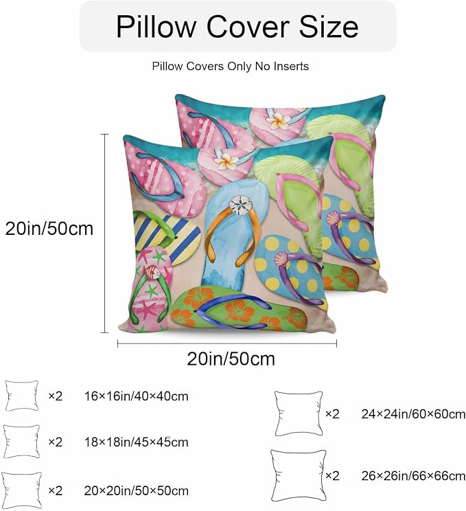 Vandarllin Outdoor Throw Pillows Covers 26x26 inch Set of 2 Waterproof Flip-Flops Decorative Zippered Cushion Covers for Patio Furniture, Summer Sandy Beach Lumbar Pillowcases
