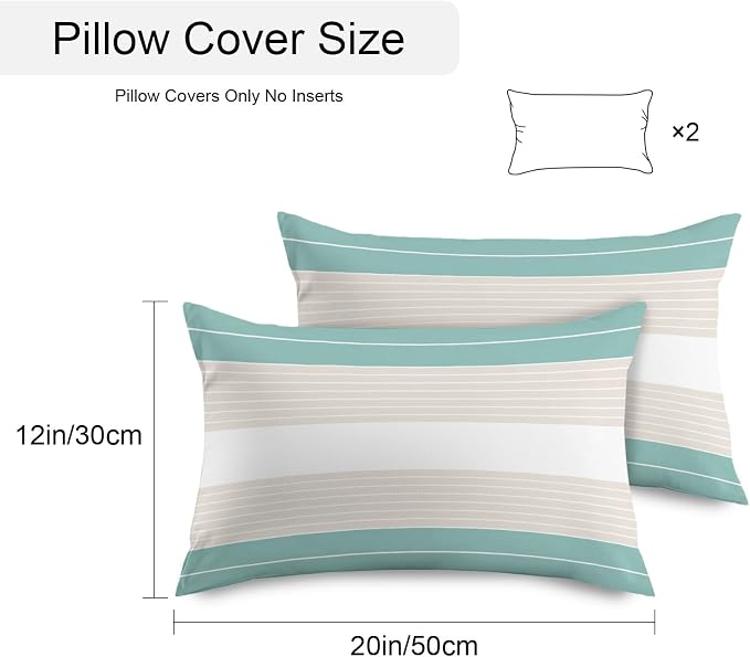 Turquoise Beige Stripe Outdoor Pillow Covers Waterproof, All Weather Cushion Case Set of 2, Modern Art Horizontal Striped Lumbar Pillowcase for Sofa Couch Bed Decor Patio Furniture 20"x12"