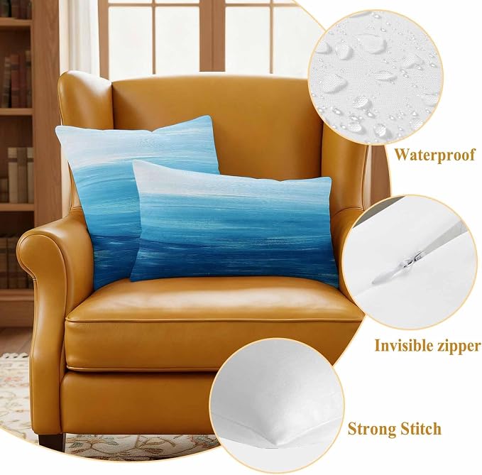 Outdoor Waterproof Throw Pillow Covers, Sky Blue Coastal Decorative Pillow Cases, Nautical Modern Ocean Wave Couch Pillow Protector Patio Sofa Cushion Covers Replacement 24"x24" 2 Pack