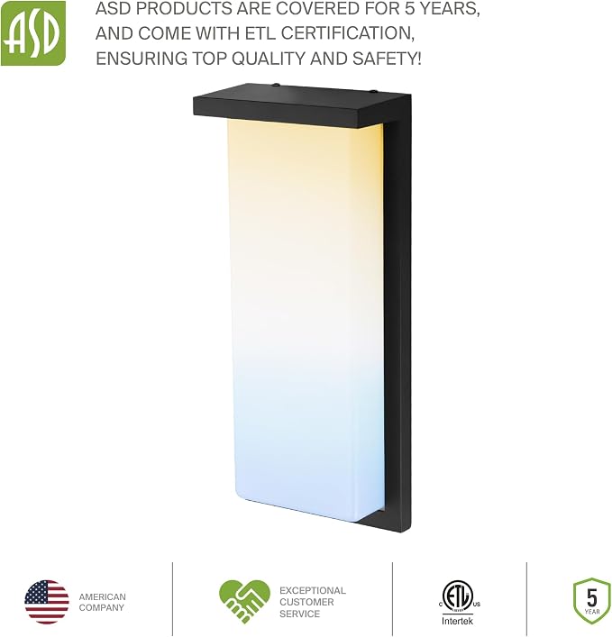 ASD LED 8" Outdoor Wall Light, Front Door House Sconce | 3CCT, Dimmable, Waterproof, ETL Listed | 12W 900LM 3000-5000K 120V | Exterior Patio Lighting Fixture, Flush Mount Porch Lamp | Black, 4 Pack