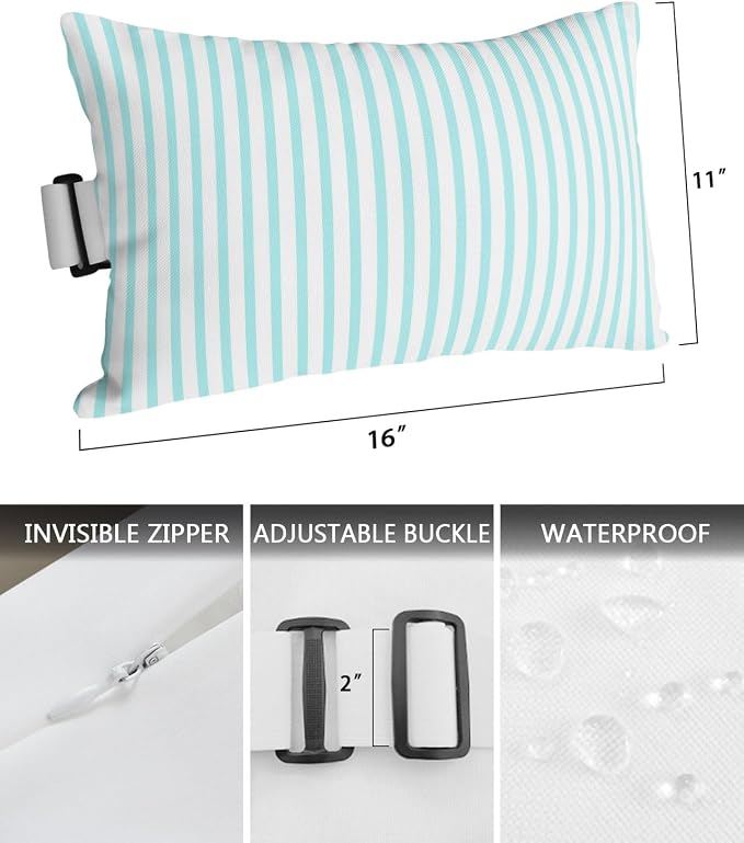 Pack of 4 Outdoor Lumbar Pillow Covers 11x16 Inch, Thin Aqua Striped Waterproof Throw Pillow Covers Set, Farmhouse Modern Stripes Indoor&Outdoor Decorative Cushion Cases for Patio Porch Car