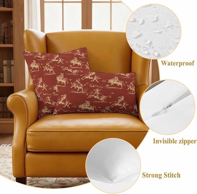 Orange Western Cowboys Outdoor Pillow Covers Waterproof, All Weather Cushion Case Set of 2, Vintage Country Cow Grass Decorative Pillowcases for Sofa Couch Bed Decor Patio Furniture 18"x18"
