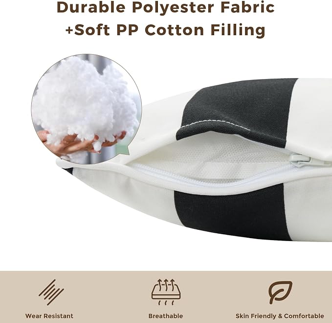 Lumbar Pillow with Insert, Set of 2, Outdoor Indoor Waterproof Decorative Patio Lumbar Pillow 12x20 Inch, Rectangular Cushion for Couch Sofa Garden Farmhouse Decoration-Black White Stripe