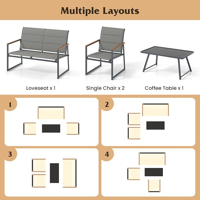 HAPPYGRILL 4-Piece Patio Furniture Set, Modern Sectional Sofa Set w/Fabric Seats, Wood-Plastic Armrests, Tempered Glass Coffee Table, Outdoor Conversation Set for Backyard Balcony Garden Porch (1)