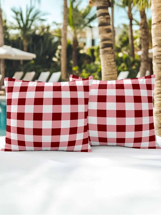 Waterproof Outdoor Pillow Set of 2 Red Check Buffalo Plaid Decorative Throw Pillows Cover & Insert 18x18 Inch Pillowcase Check Lines Square Pillows for Couch Sofa Bed Patio Furniture Indoor Outdoor