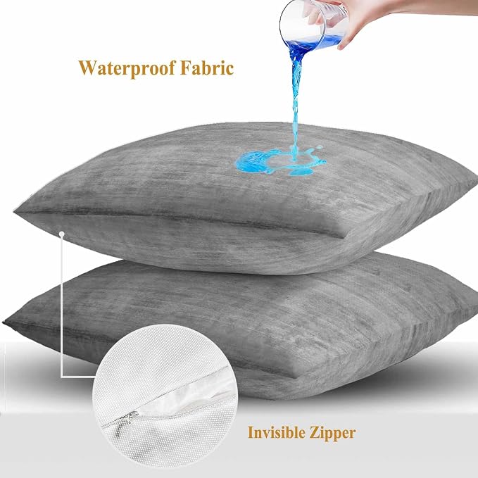Vandarllin Outdoor Throw Pillows Covers 20x20 inch Set of 2 Waterproof Grey Linen Decorative Zippered Cushion Covers for Patio Furniture, Solid Color Texture Lumbar Pillowcases