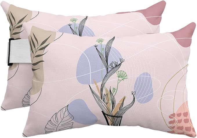 Outdoor Pillows Covers with Inserts Boho Abstract Minimalist Leaves Plants Pink Waterproof Recliner Pillow with Adjustable Strap Throw Pillows for Patio Furniture Pool Lounge Chair, 11x16 inch, 2PCS