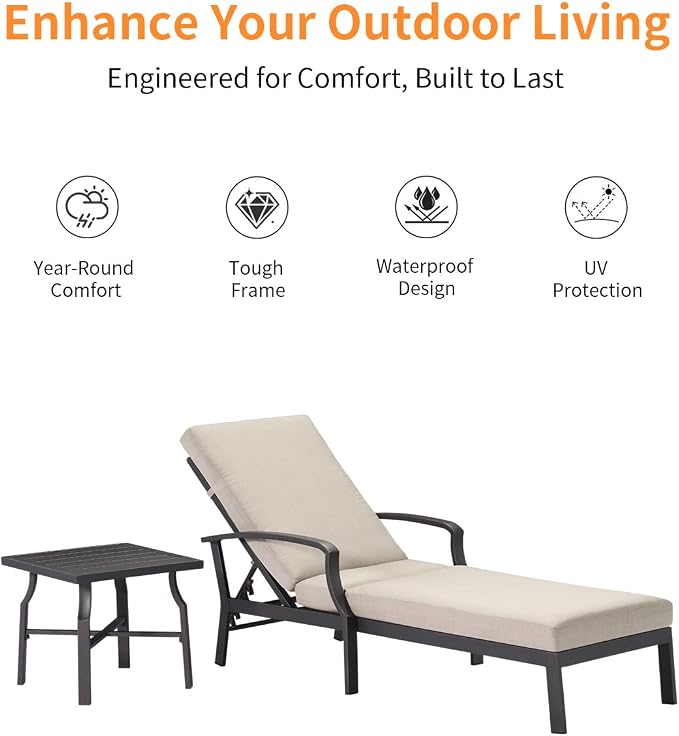 2 Pieces Lounge Chair Set, Outdoor Chaise Lounge Set, Never-Rust Aluminum Pool Lounge Set with Gray Cushion, 6-Position Adjustable Patio Chaise with Outdoor Side Table for Poolside, Gunmetal