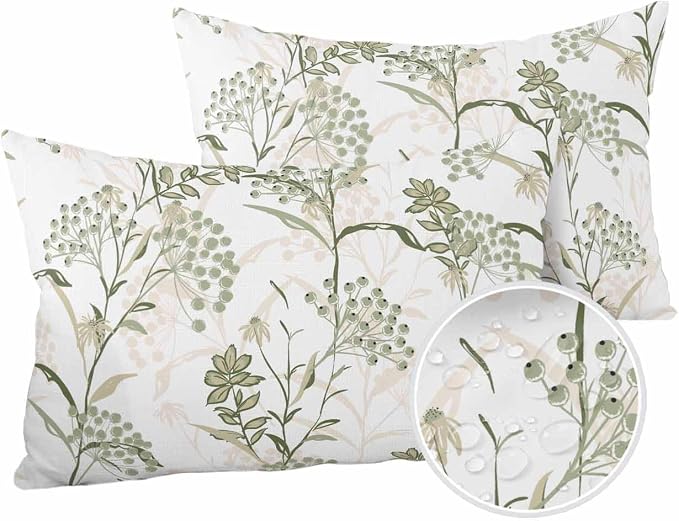 Outdoor Waterproof Throw Pillows Pastoral Sage Green Herbs Plant Patio Pillows Pack of 2,Decorative Pillow Covers with Insert,Pillow Cushion Case for Garden Couch Sofa Botanical Leaf on White