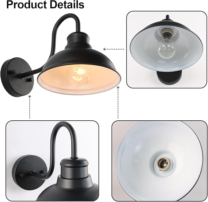 Gooseneck Barn Light Outdoor Wall Lights 8" Exterior Lighting Fixtures | Anti-Rust Waterproof Farmhouse Industrial Vintage Wall-Mount Matte Black for Porch/Patio Garage/Yard ETL Listed