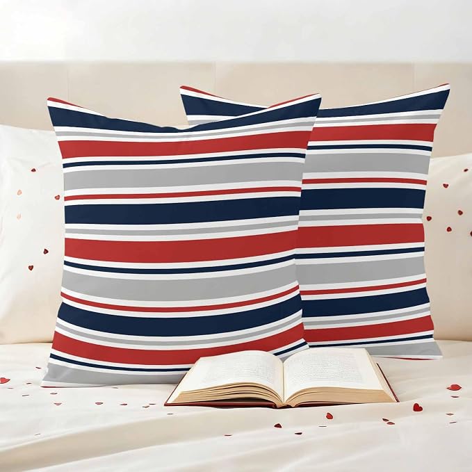 Outdoor Pillow Covers 26 x 26 Inches, Red Navy Blue Striped Waterproof Throw Pillow Cover Set of 2, Farmhouse Stripes Modern Abstract Art Decorative Square Cushion Covers for Patio/Couch/Garden