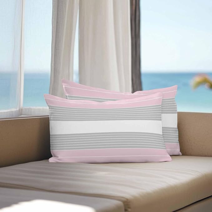 Pink Grey Stripe Outdoor Pillow Covers Waterproof, All Weather Cushion Case Set of 2, Modern Art Horizontal Striped Lumbar Pillowcase for Sofa Couch Bed Decor Patio Furniture 20"x12"