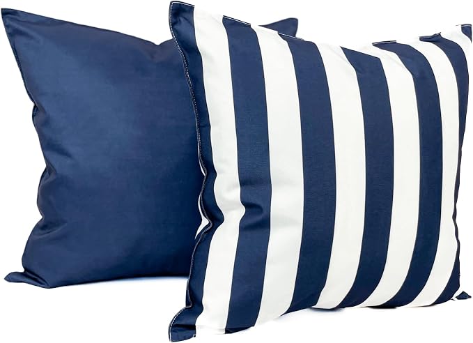 Pack of 2 Outdoor 20''x20'' Waterproof Navy Blue Striped Throw Pillow Covers Decorative Square Cushion Patio Pillows for Patio Furniture (Polar Night)