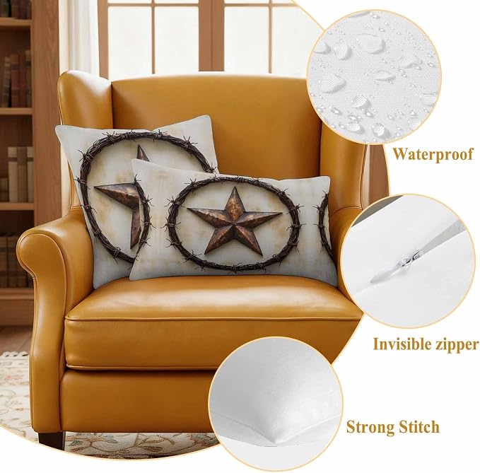 Texas Star Rustic Waterproof Outdoor Pillow Covers Set of 2 Home Decor, Vintage Country Stars Modern Abstract Pillowcase Patio Pillow Covers for Couch Bench Furniture Garden 18x18in