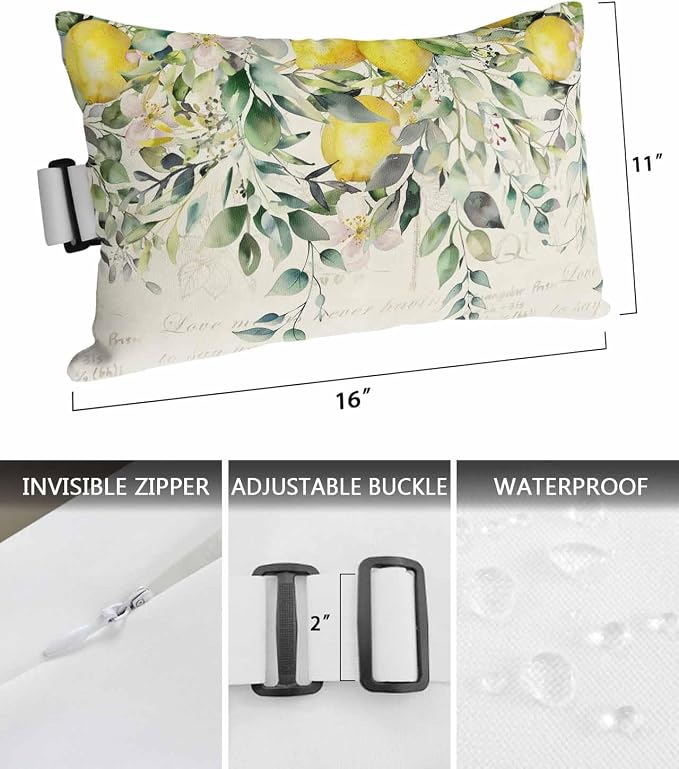 Lumbar Pillow Covers Set of 2, Summer Lemon Waterproof Outdoor Chaise Lounge Pillow Covers with Elastic Strap, Spring Eucalyptus Leaves Botanical Vintage Headrest Pillowcase for Patio, 11 x 16