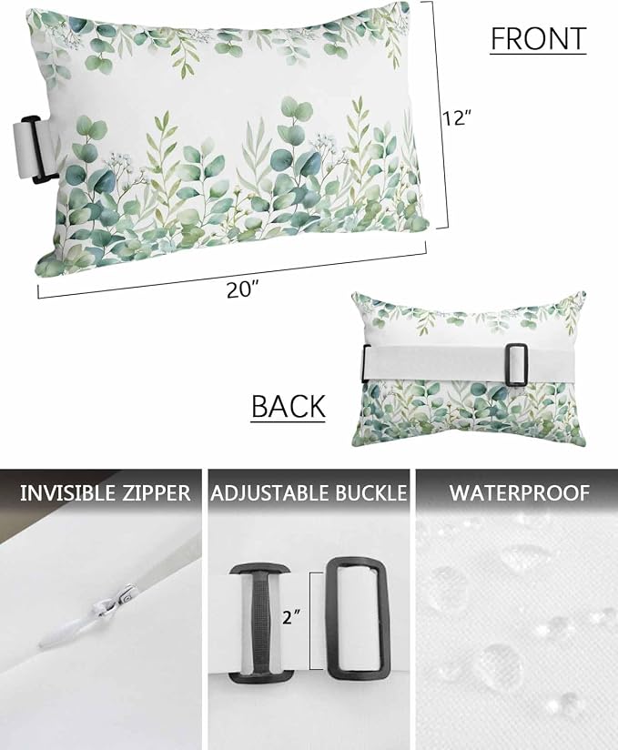 Green Eucalyptus Leaves Outdoor Pillows with Insert 12x20 Inch Watercolor Spring Botanical Waterproof Headrest Pillows with Adjustable Strap Lounger Chair Throw for Patio Furnitures, 1 Pack