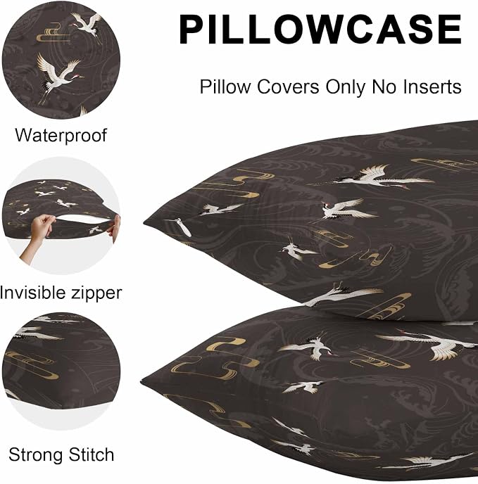 Japanese Style Outdoor Pillow Covers 26x26 Inch Throw Pillow Covers Set of 2 Waterproof Decorative Pillow Cases Vintage Cranes Ocean Wave Black Grey Cushion Covers for Patio Furniture Garden Couch