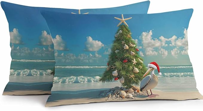 Christmas Outdoor Throw Pillows Covers 20x12 inch Set of 2 Waterproof Christmas Tree Decorative Zippered Cushion Covers for Patio Furniture, Pelican Starfish Shell Beach Wave Lumbar Pillowcases