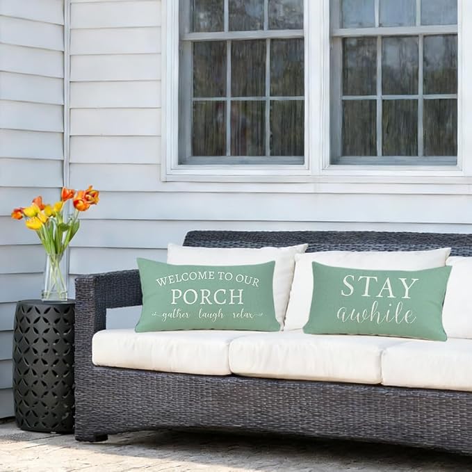 RABUSOFA Welcome to Our Porch Decor Outdoor Pillow Covers Waterproof,12x20 Set of 2 Eucalyptus Green Stay Awhile Relax Lumbar Cushion Case Decorations for Patio Couch (Green)