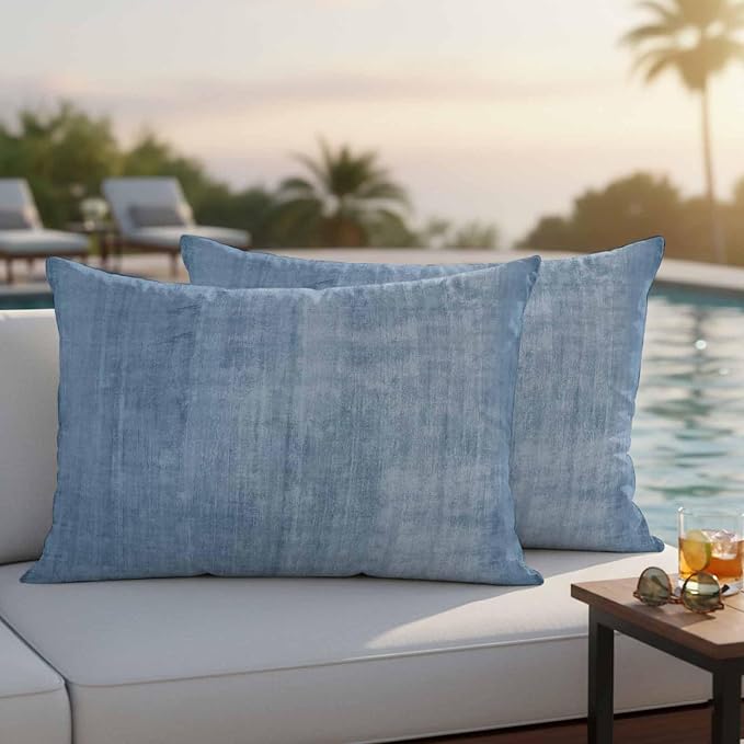 Vandarllin Outdoor Throw Pillows Covers 20x12 inch Set of 2 Waterproof Blue Linen Decorative Zippered Cushion Covers for Patio Furniture, Solid Color Texture Lumbar Pillowcases