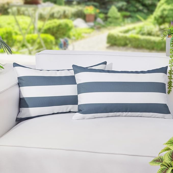 Lewondr 2 Pack Outdoor Throw Pillow Covers, 12"x20", Navy Blue + White | Lumbar Rectangle Stripe, Waterproof, For Outdoor Patio Porch Farmhouse Garden Balcony Couch, 30x50cm