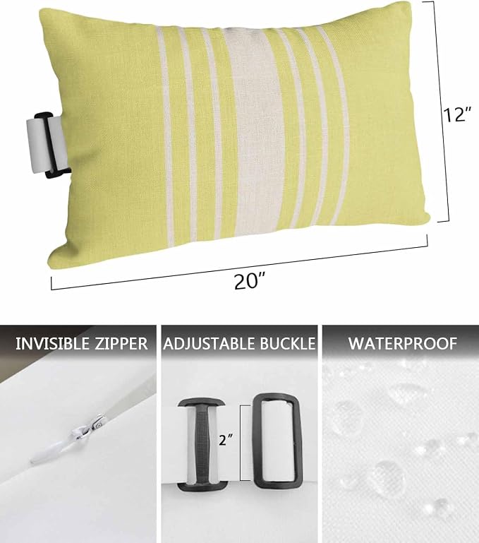 Pack of 2 Outdoor Lumbar Pillow Covers 12x20 Inch, Yellow Beige Striped Waterproof Throw Pillow Covers Set, Modern Farmhouse Retro Lines Indoor&Outdoor Decorative Cushion Cases for Patio Porch Beach