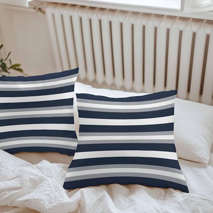 Navy Blue Grey Striped Outdoor Pillow Covers Waterproof, All Weather Cushion Case Set of 2, Farmhouse Stripes Minimalist Decorative Pillowcases for Sofa Couch Bed Decor Patio Furniture 18"x18"