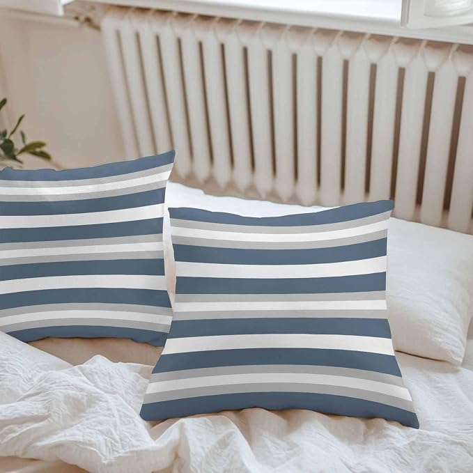 Haze Blue Stripe Outdoor Pillow Covers Waterproof, All Weather Cushion Case Set of 2, Farmhouse Blue Gray Striped Decorative Pillowcases for Sofa Couch Bed Decor Patio Furniture 18"x18"