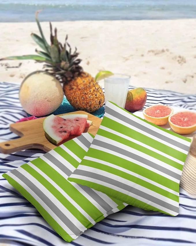 Outdoor Waterproof Throw Pillow Covers Set of 2 Grey Green Stripes Decorative Outdoor Pillows Cushion Case 18x18 Inch Classic Striped Patio Pillows for Couch Sofa Bed Garden Office Home Decor