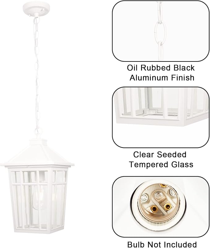 Darkaway Large Outdoor Pendant Light Fixture, 16inch Outdoor Hanging Light Porch Lights Fixtures Waterproof Aluminum with Seeded Glass for Entryway Doorway Farmhouse Patio Courtyard (White，Large)