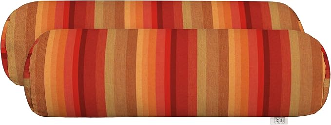 RSH Décor Sunbrella Neck Roll Pillows – Set of 2 | 20” x 6” | Outdoor Bolster for Patio, Deck, Porch, or Poolside Furniture | Water & Fade-Resistant | Astoria Sunset | Red Orange Stripe - Made in USA