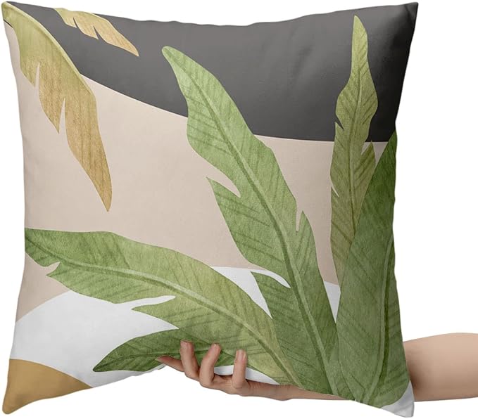 2 Pack Green Palm Leaf Spring Summer Pillow Covers 16x16 Inch Banana Leaves Decorative Throw Pillow Covers Brown and White Black Pillowcase Cotton Blend Farmhouse Decor for Chair Bed Car
