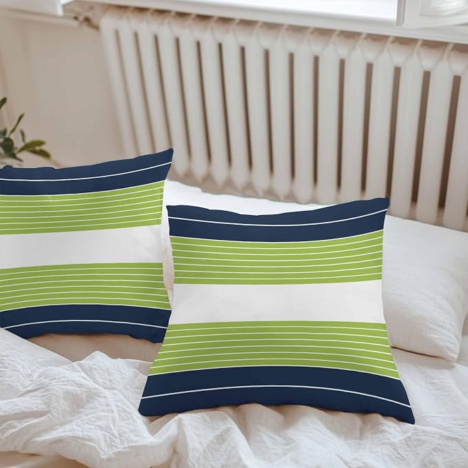 Navy Blue Green Stripe Outdoor Pillow Covers Waterproof, All Weather Cushion Case Set of 2, Modern Art Horizontal Striped Decorative Pillowcases for Sofa Couch Bed Decor Patio Furniture 16"x16"