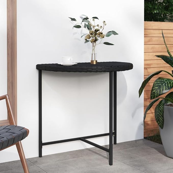 Wicker Half-Moon Patio Table, Half-Round Rattan Bistro Table, Black 31.5"x19.7"x29.5" Poly Rattan, -284