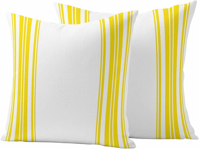 Outdoor Waterproof Throw Pillow Covers Set of 2 Yellow Stripes Pillowcases 24x24 Inches White Vertical Striped Decorative Pillows Cushion Case Patio Pillows for Couch Bed Chair Garden