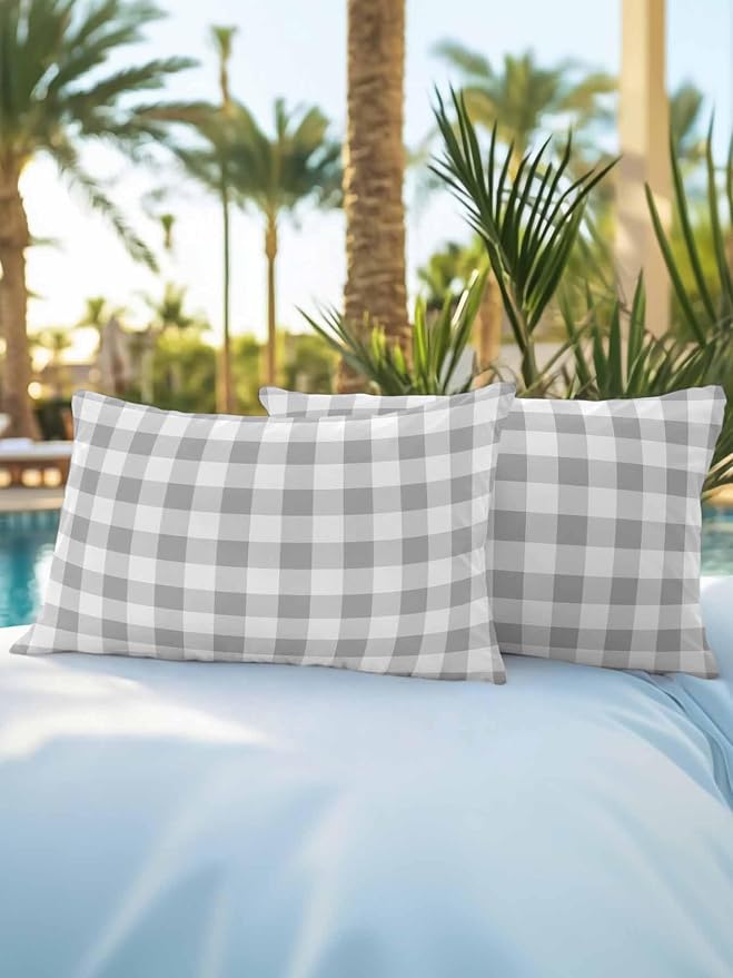 Waterproof Outdoor Pillow Set of 2 Grey Buffalo Plaid Decorative Throw Pillows Cover & Insert 20x12 Inch Lumbar Pillowcase Check Lines Pillows for Couch Sofa Bed Patio Furniture Indoor Outdoor