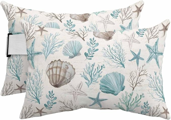 Teal Coastal Outdoor Pillows with Insert 12x20 Inch Summer Starfish Shell Coral Nautical Retro Waterproof Headrest Pillows with Adjustable Strap Lounger Chair Throw for Patio Furnitures , 2 Pack