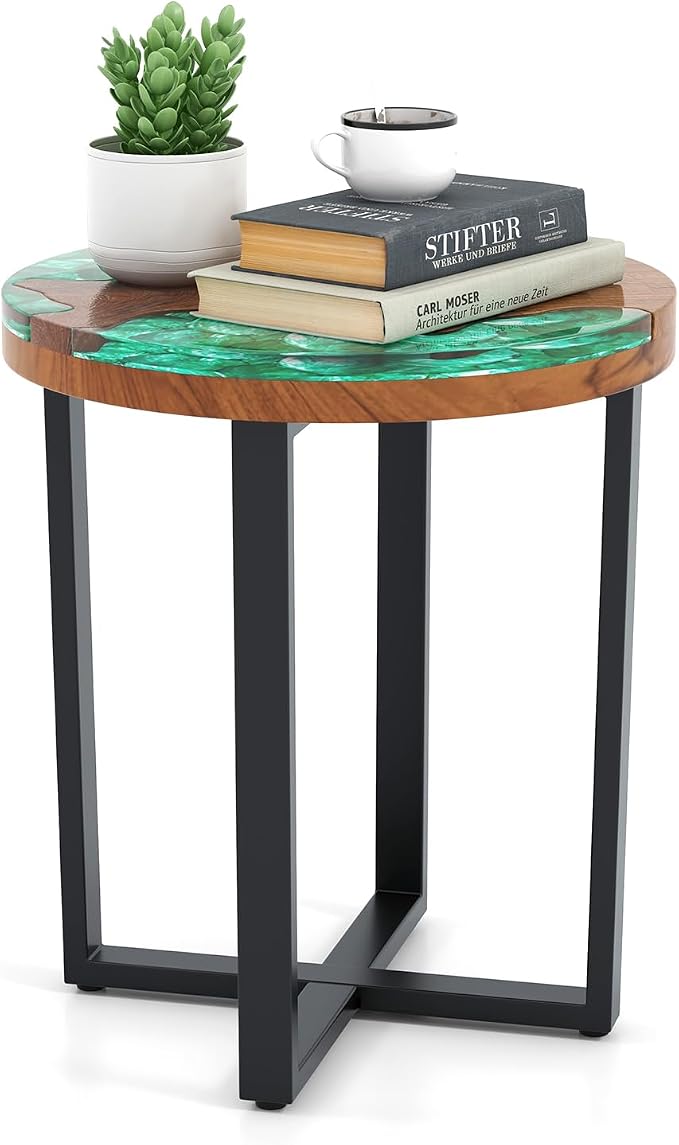 Giantex 20” Teak Wood Outdoor Side Table - Round End Table with Epoxy Resin Tabletop, Solid Live Edge, Mahogany Base, Rustic Sofa and Couch Table for Patio, Porch, Poolside, Living Room, Yard, Brown
