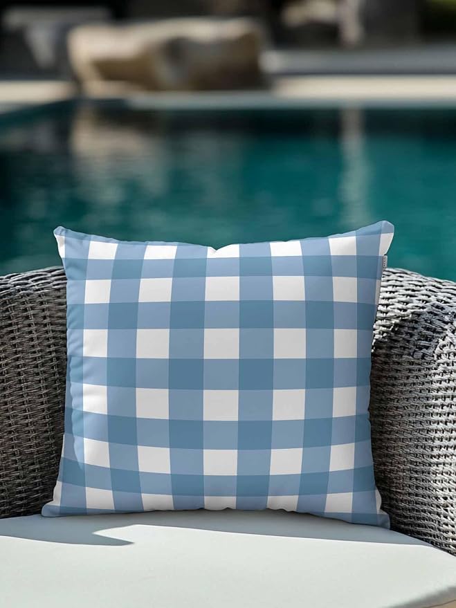 Waterproof Outdoor Pillow 1 Pack Buffalo Plaid Decorative Throw Pillows Cover & Insert 18x18 Inch Pillowcase Blue Check Lines Square Pillows for Couch Sofa Bed Patio Furniture Indoor Outdoor