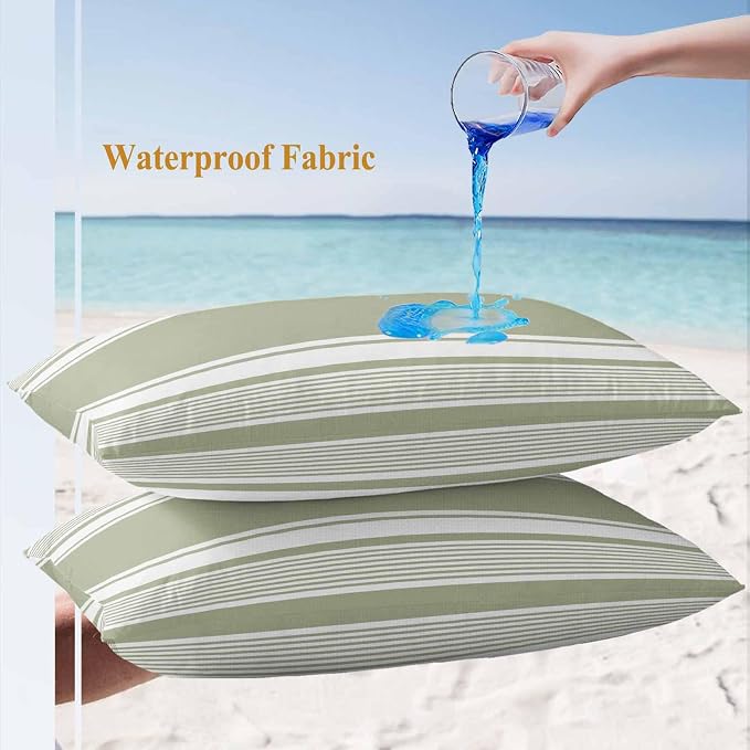 Vandarllin Outdoor Throw Pillows Covers 20x12 inch Set of 2 Waterproof Sage Green Stripes Decorative Zippered Cushion Covers for Patio Furniture, Striped Lines Lumbar Pillowcases