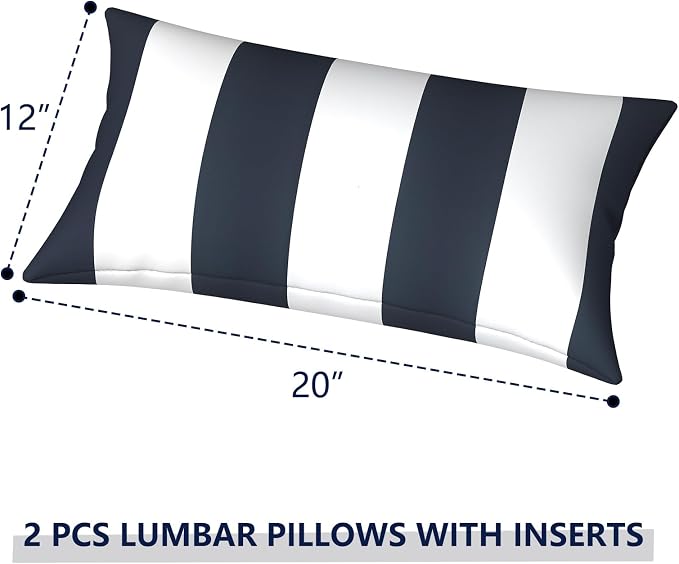 Outdoor Lumbar Pillows 12x20 inch, Rectangle Throw Pillows with Inserts, Decorative Lumbar Cushions for Patio Furniture Garden Couch Home Sofa Office Chair, Pack of 2, Cabana Navy