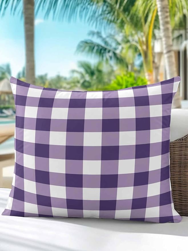 Waterproof Outdoor Pillow 1 Pack Purple Buffalo Plaid Decorative Throw Pillows Cover & Insert 16x16 Inch Pillowcase Check Lines Square Pillows for Couch Sofa Bed Patio Furniture Indoor Outdoor